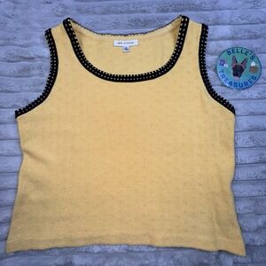 St. John Womens Medium Santana Knit Yellow Honeycomb Tank Blouse Black Trim Wool